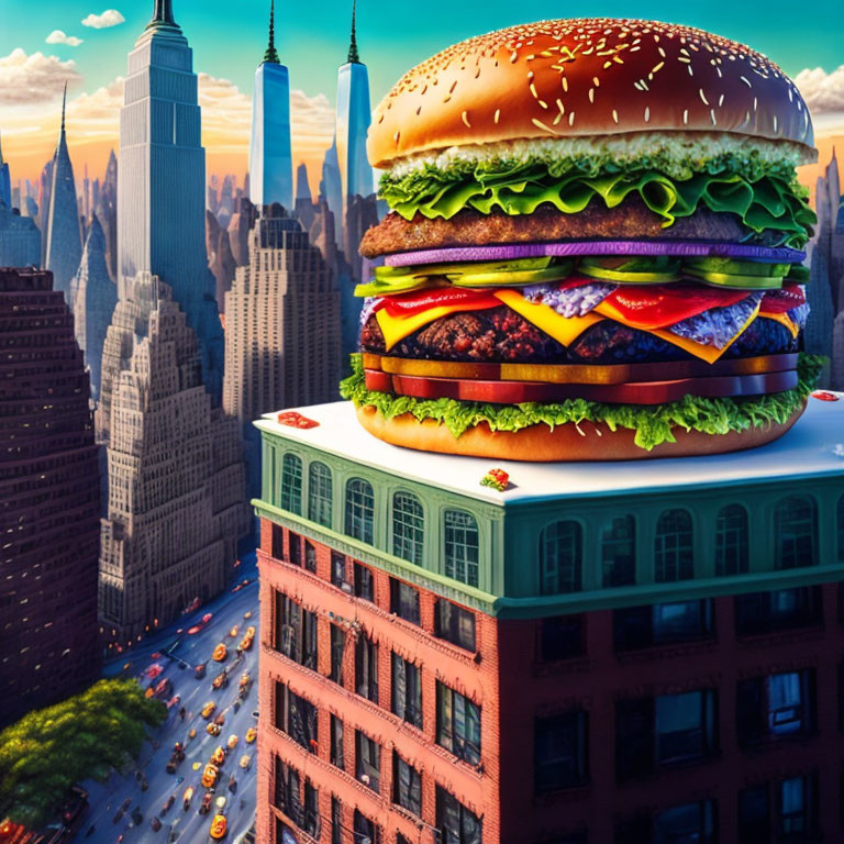 Massive burger dominates urban skyline with bustling traffic and skyscrapers under clear blue sky.