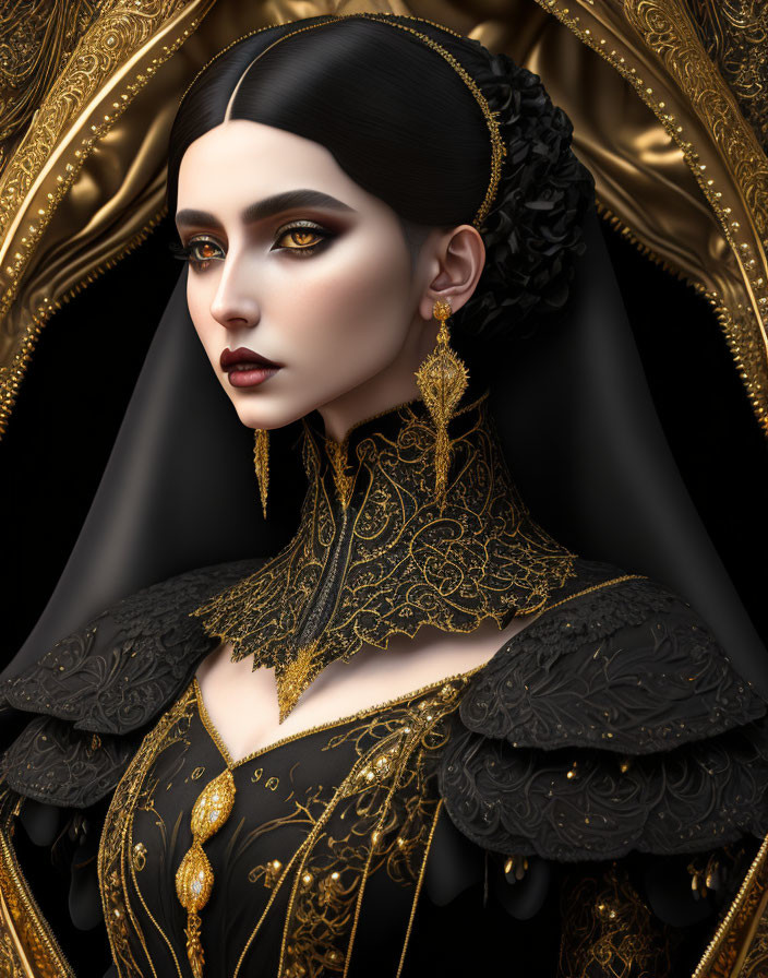 Portrait of Woman with Pale Skin and Dark Hair in Ornate Black and Gold Dress