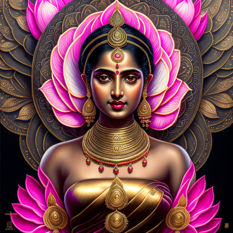 Digital artwork featuring woman with stylized features and ornate purple lotus petals.