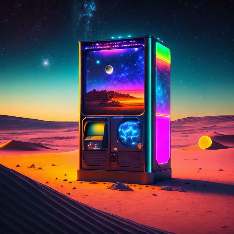 Vintage Giant Jukebox Glowing in Desert Night Sky