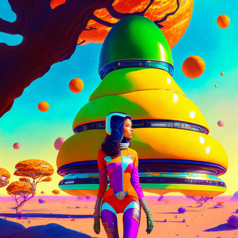 Futuristic woman by layered spaceship on alien world