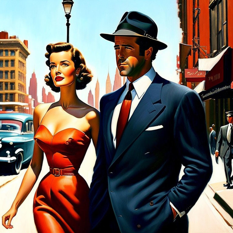 Stylized illustration of elegant couple in retro attire walking in vibrant city scene