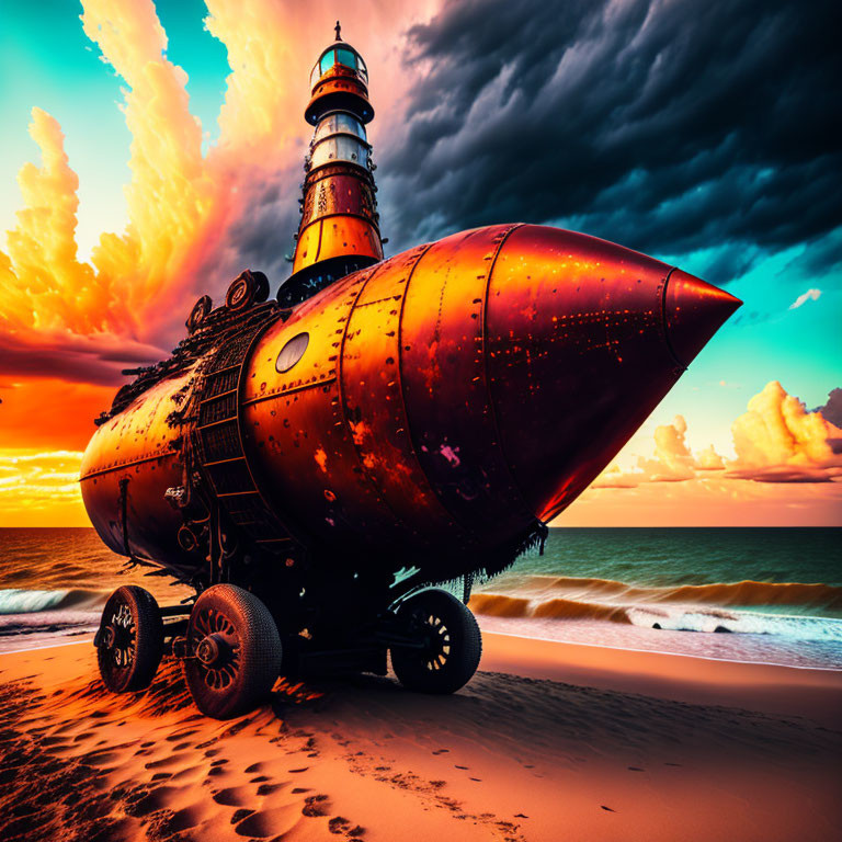 Steampunk submarine on wheels at sandy beach with lighthouse under orange and blue sunset.