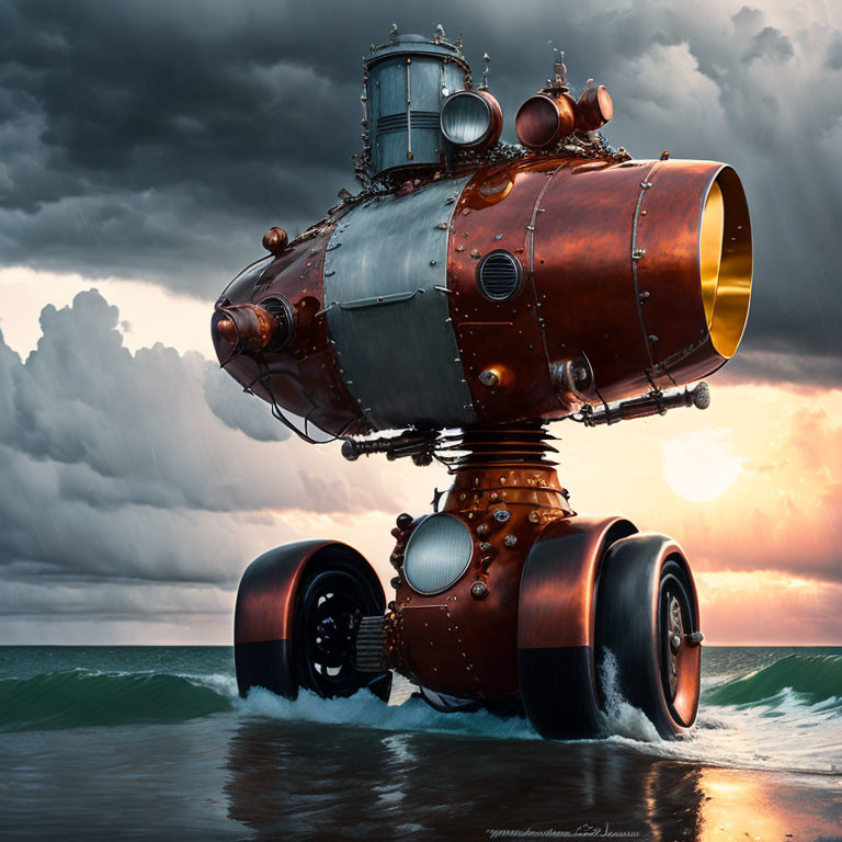 Retro-futuristic submarine-like vehicle on beach at sunset