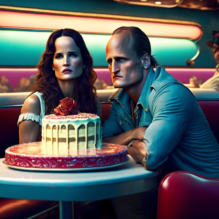 Man and woman in retro diner with layered cake and rose centerpiece