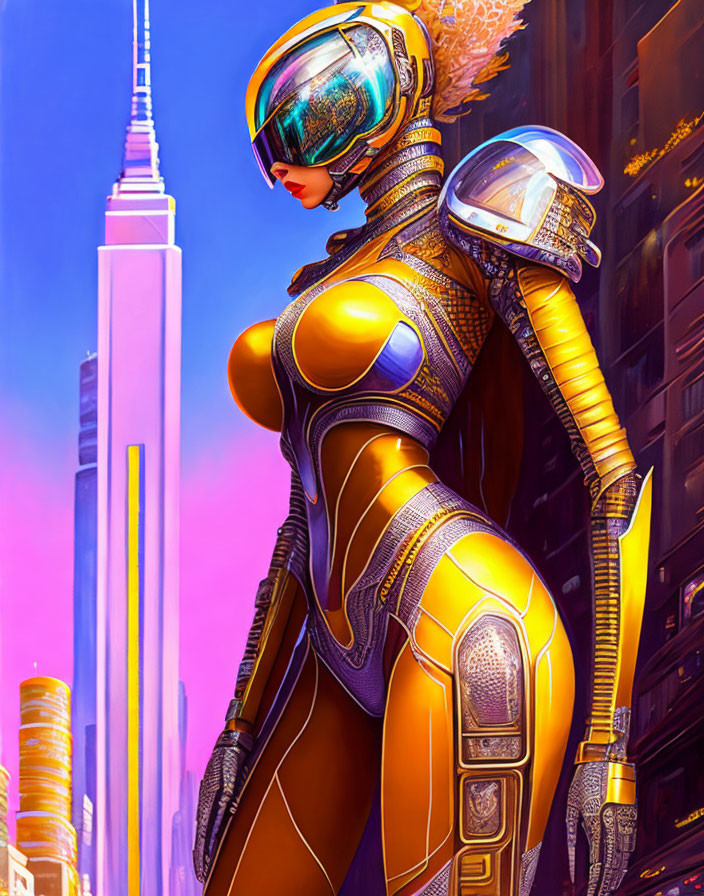 Futuristic female character in golden suit against neon cityscape