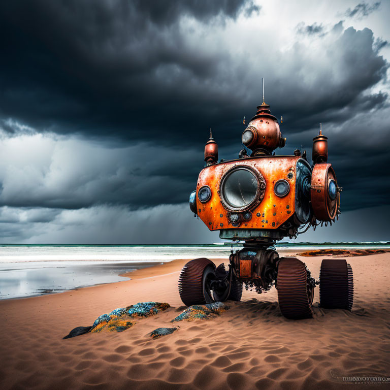 Steampunk-style spherical robot with rustic gears on stormy beach