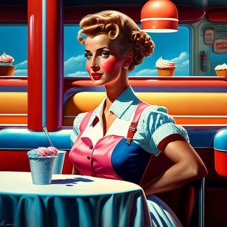 Vintage 1950s diner illustration with woman in retro attire and milkshake