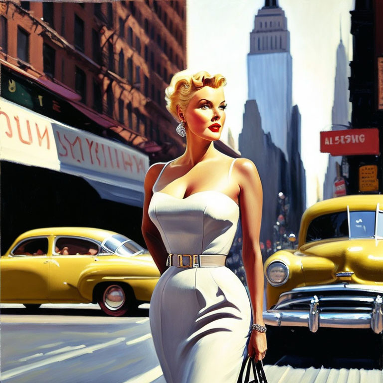 Glamorous woman in white dress on vintage city street