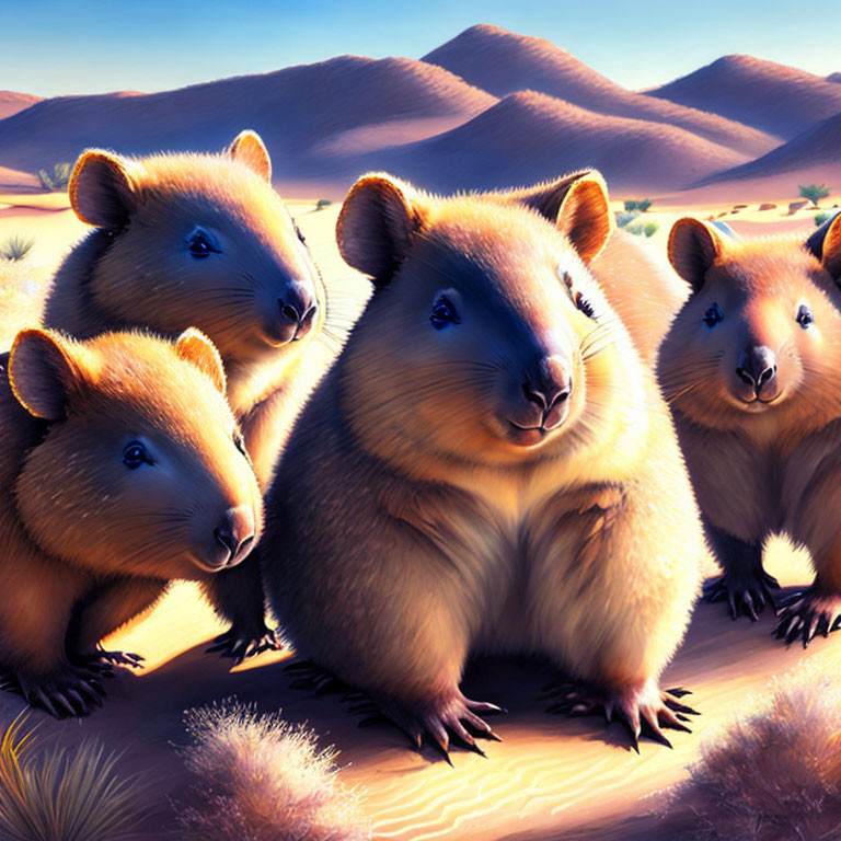 Anthropomorphic Quokkas with Human-like Expressions in Desert Scene