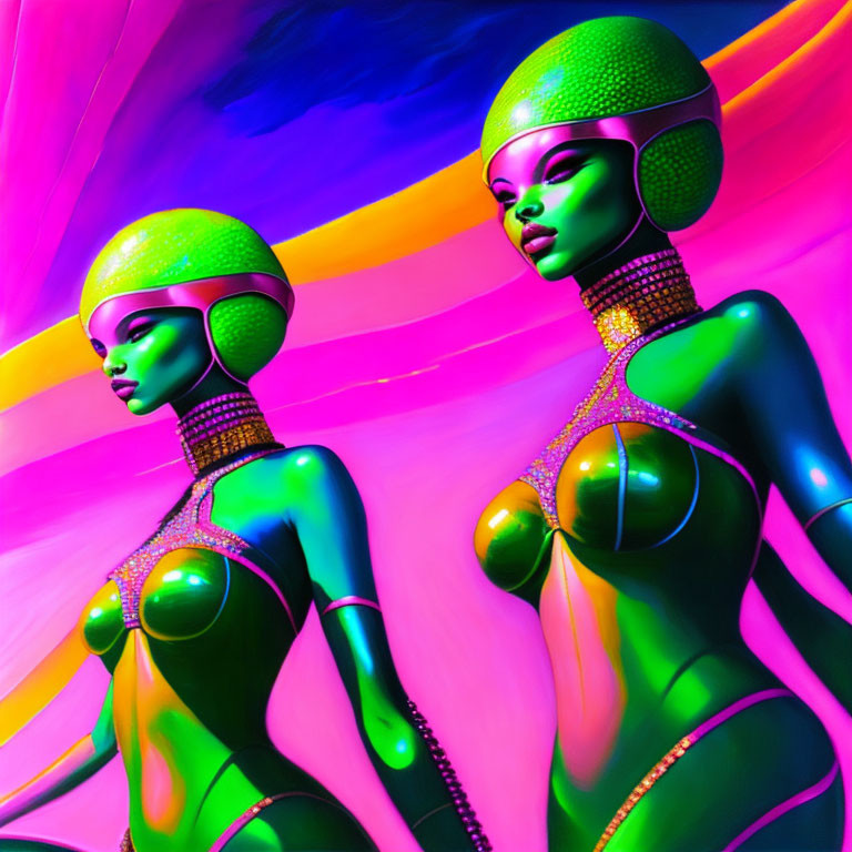 Futuristic green-skinned female figures in metallic headgear on vibrant background