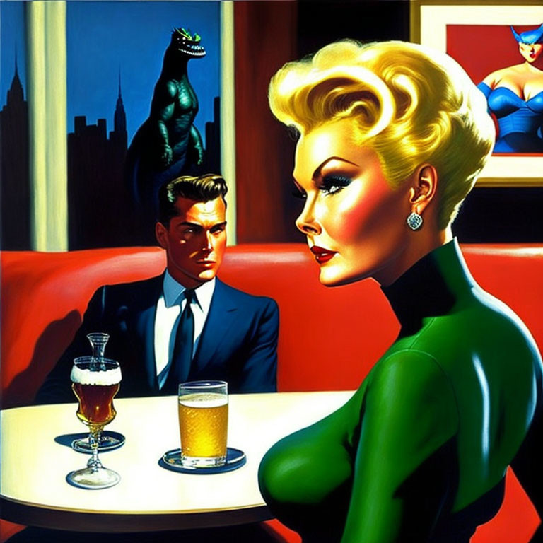 Illustration of blonde woman and dark-haired man at bar with superhero backdrop