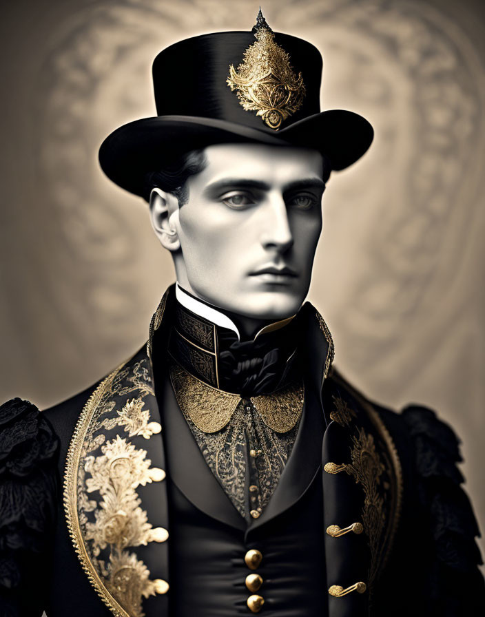 Ornate vintage black outfit with gold embroidery and top hat.