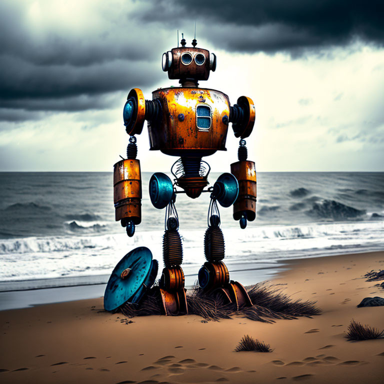 Vintage robot with round limbs on beach under gloomy skies