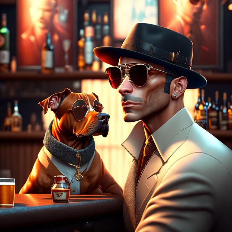 Man with mustache and sunglasses sitting with dog in matching attire at bar