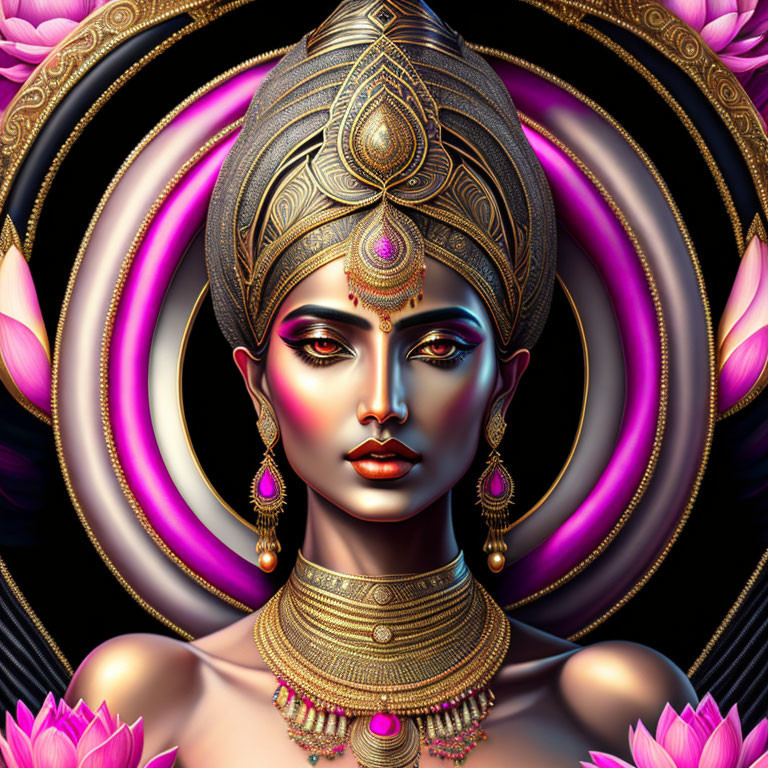 Elaborate gold headdress woman in swirling lotus flower background