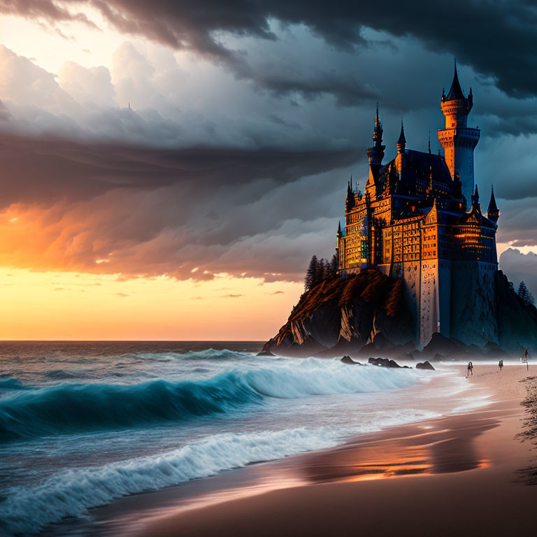 Majestic castle on cliff overlooks ocean at sunset