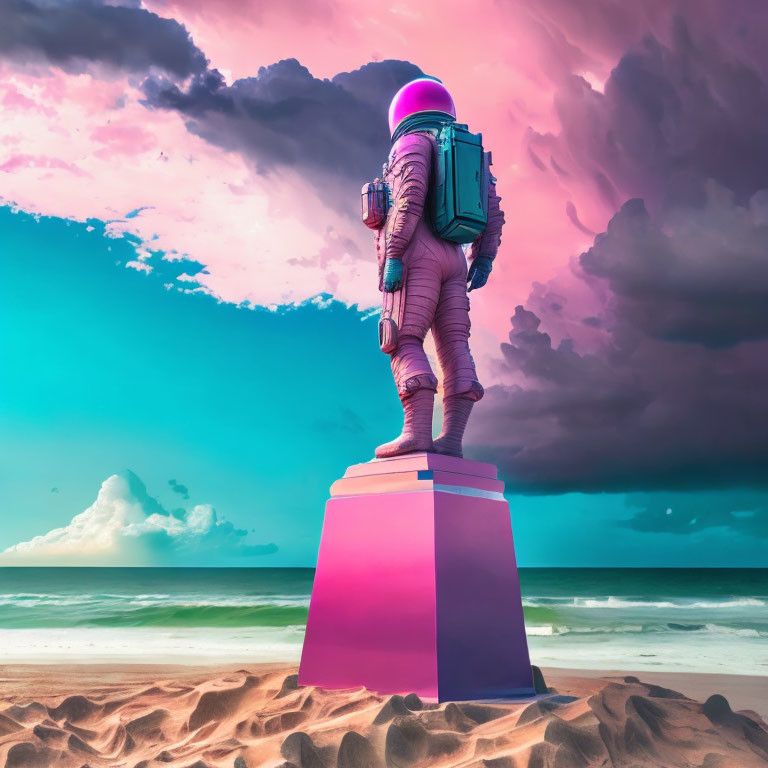 Astronaut on geometric structure at beach with colorful sky