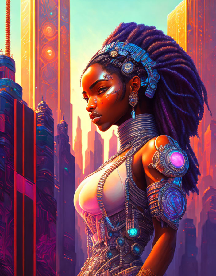 Futuristic African woman with cybernetic enhancements in neon-lit cityscape