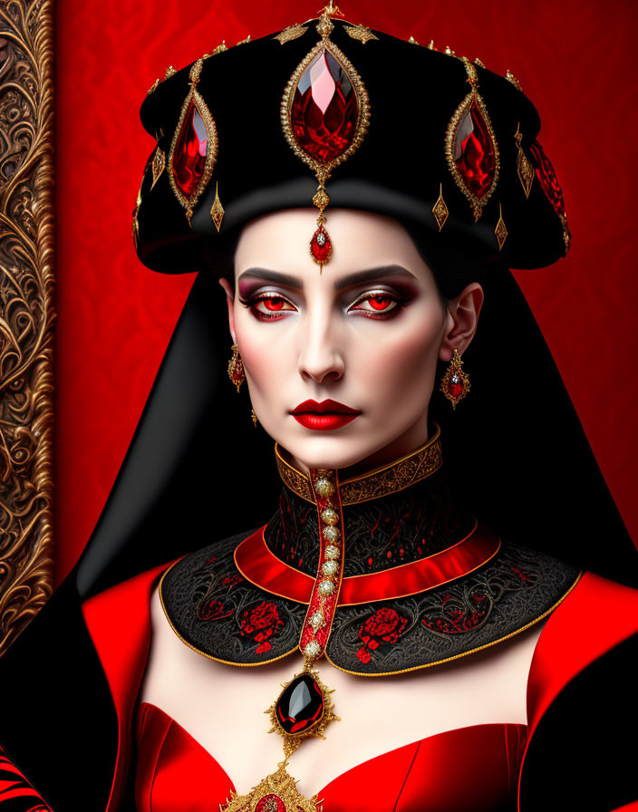 Portrait of woman with pale skin, striking makeup, red and black headdress, gold accents, orn