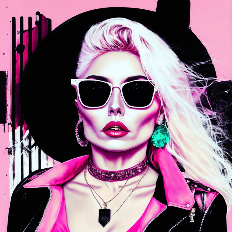 Stylized portrait of woman with platinum blonde hair in pink attire