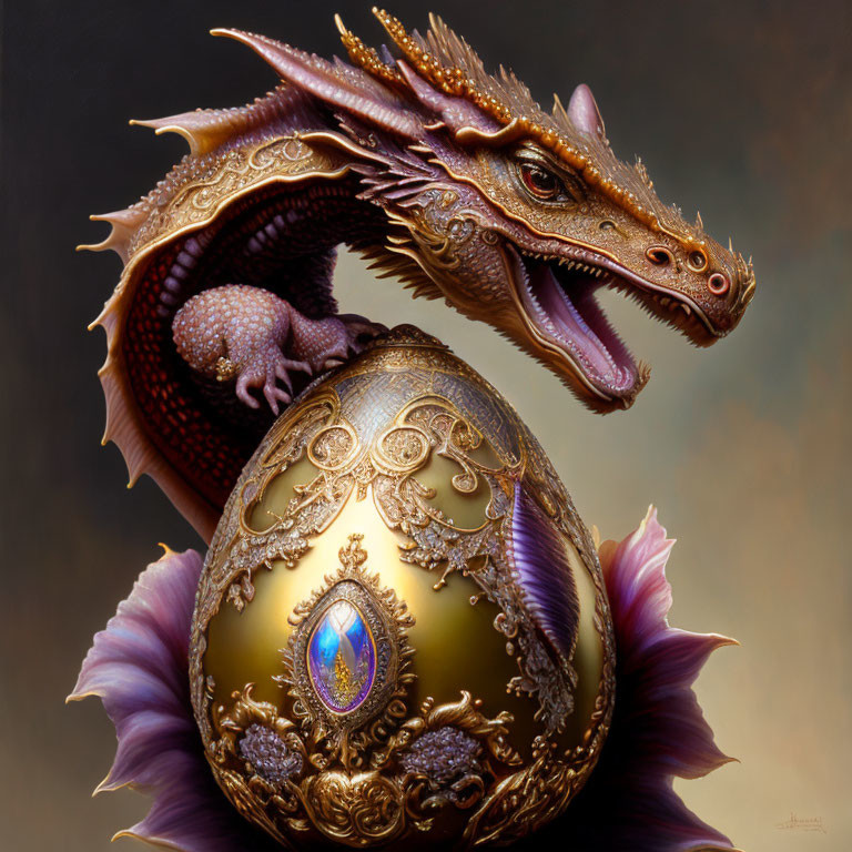 Detailed Fantasy Illustration: Purple & Gold Dragon Coiled Around Ornate Golden Egg