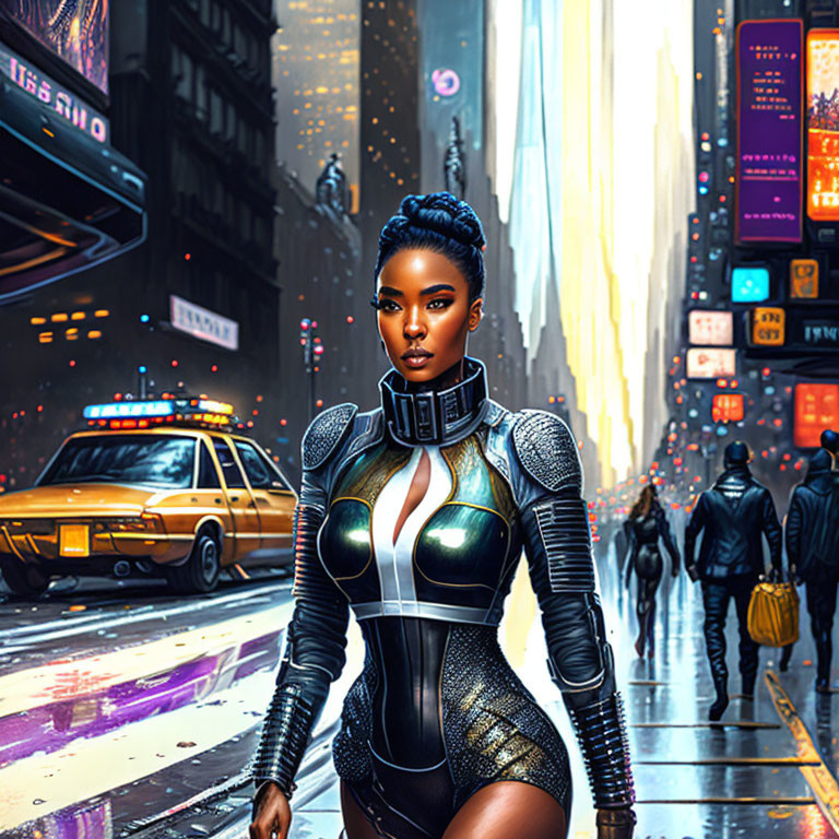 Futuristic female character in armor on neon-lit city street