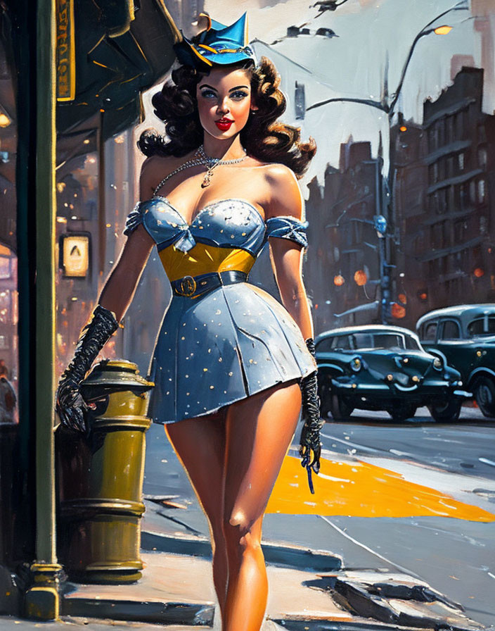 Vintage Pin-Up Style Air Hostess Painting with Retro Cars