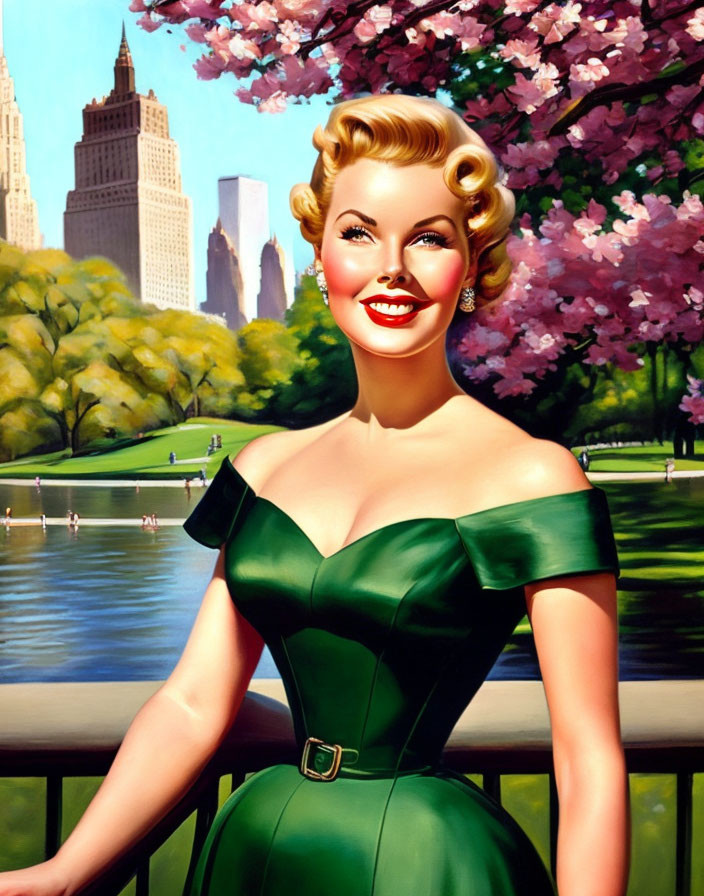 Vintage-style illustration: Smiling woman in green dress with cherry blossom and cityscape.