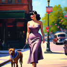 Vintage purple dress on elegant woman walking Doberman in city street.