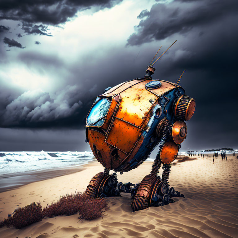 Rusty dome-headed robot on beach under stormy sky