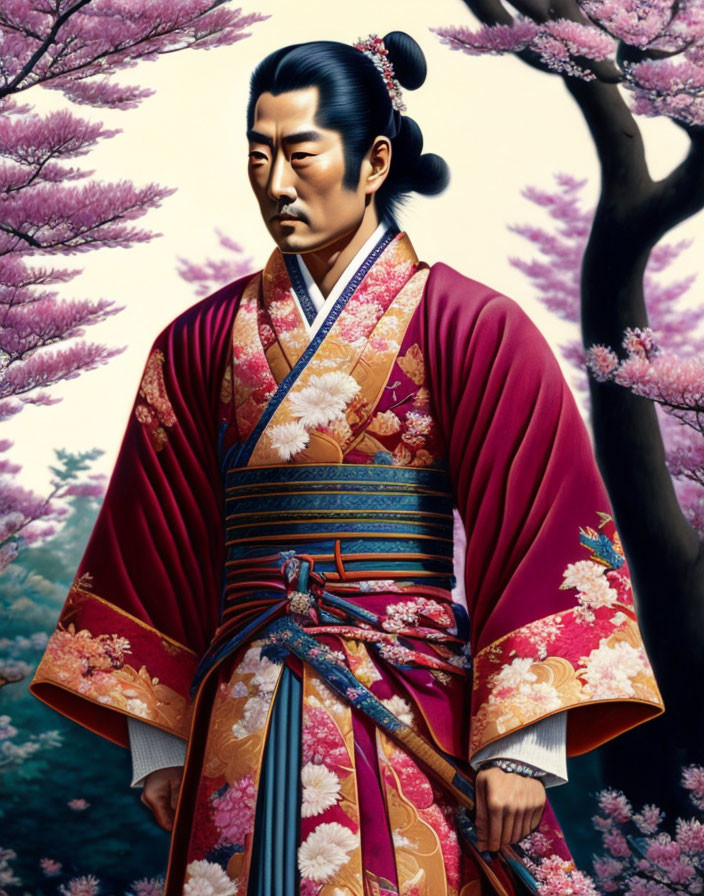 Man in Traditional Japanese Attire Among Cherry Blossoms