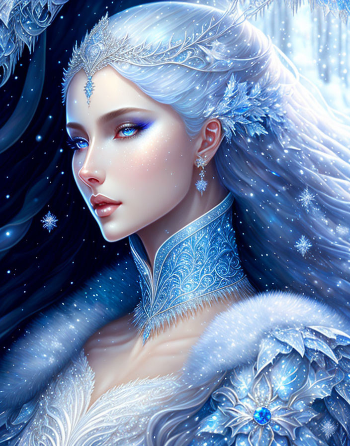 Pale-skinned woman with long white hair and blue eyes in snowy attire with crystal details, embodying