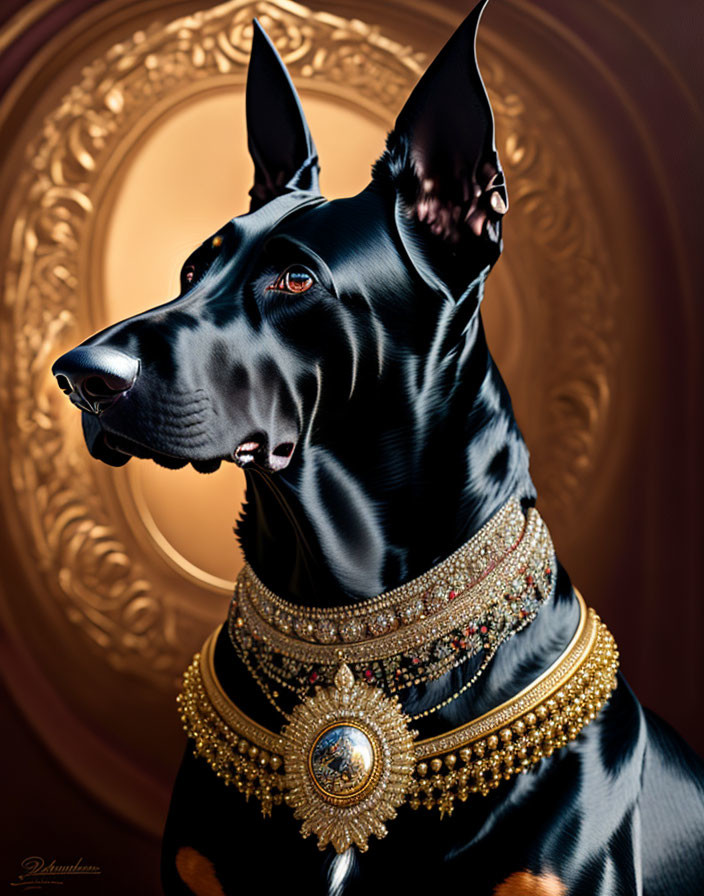 Black Doberman Pinscher with Gold and Jeweled Necklaces on Ornate Background