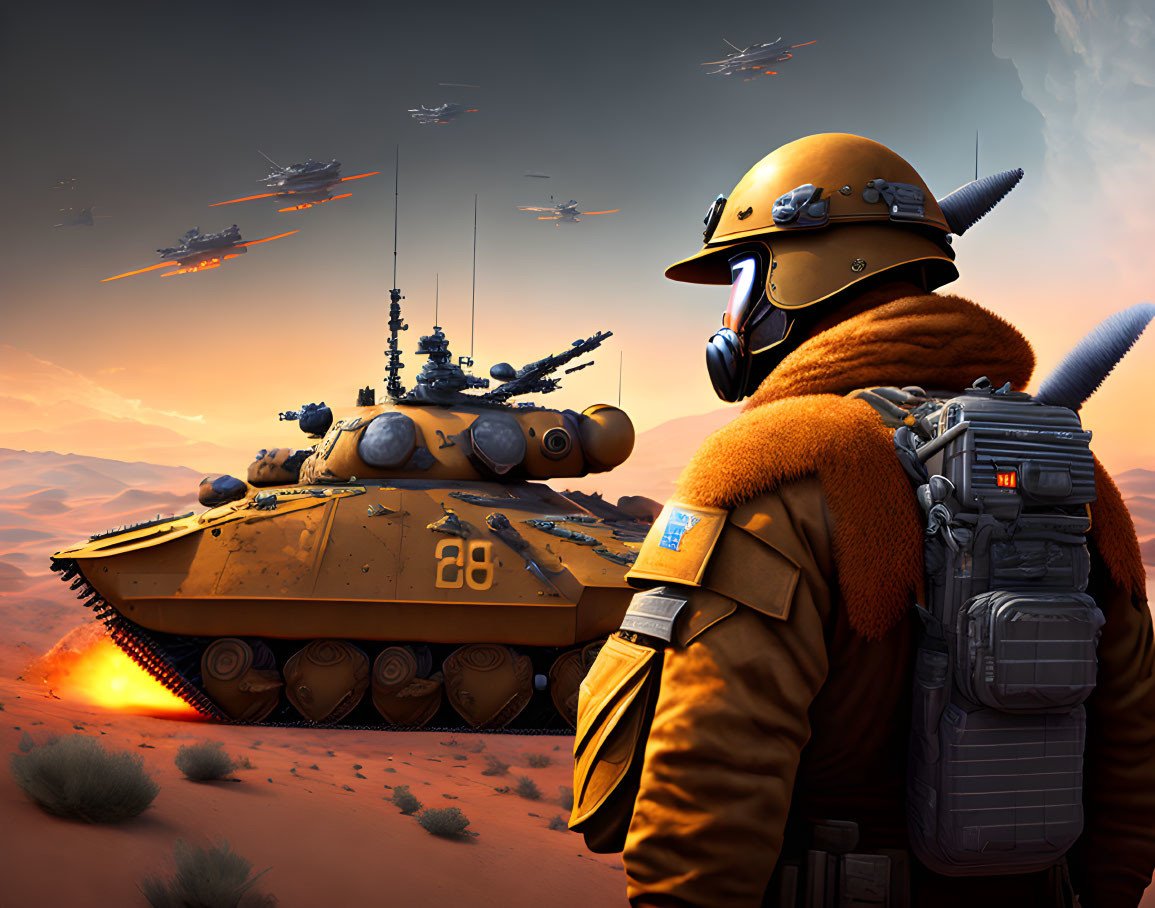 Futuristic orange suit person gazes at desert with flying ships & tank 28