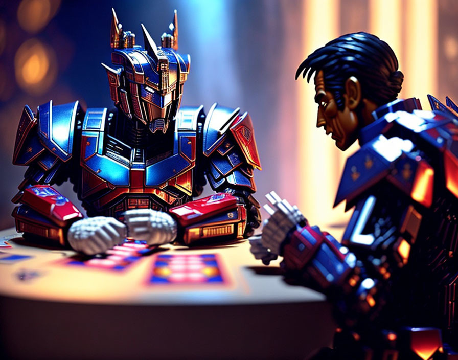 Optimus Prime chess piece faces robotic figure in colorful setting