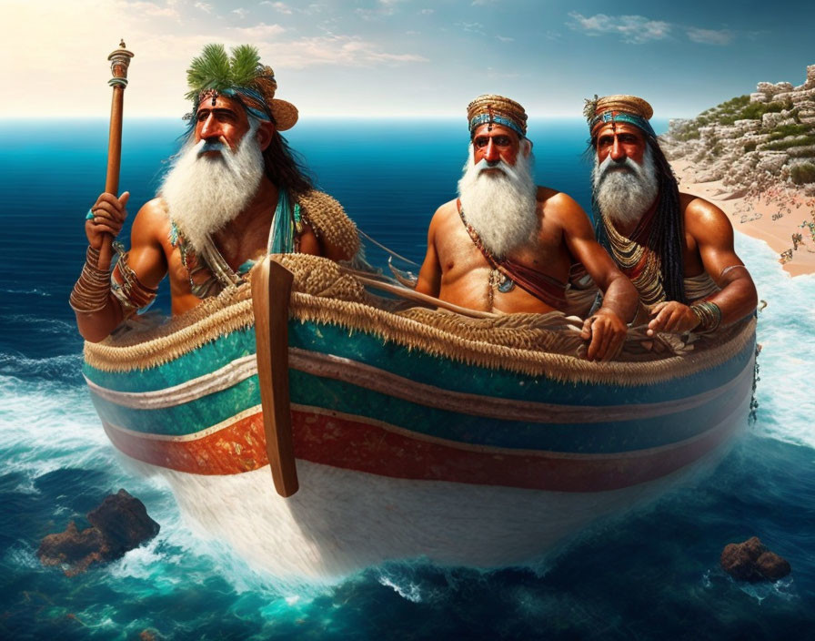 Three bearded men on boat with staff and oars in serene ocean setting