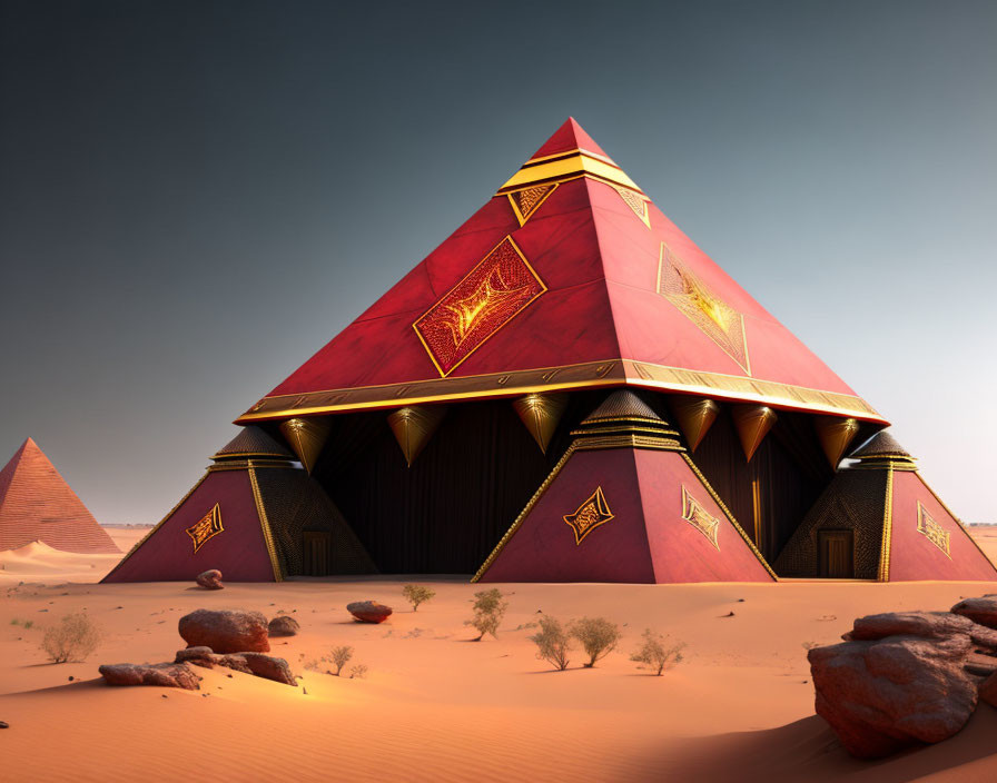 Ornate dark red and gold pyramid in desert landscape