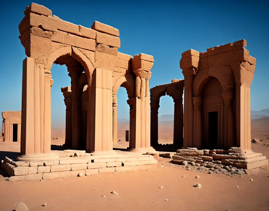 Ancient Stone Ruins with Archways in Desert Landscape