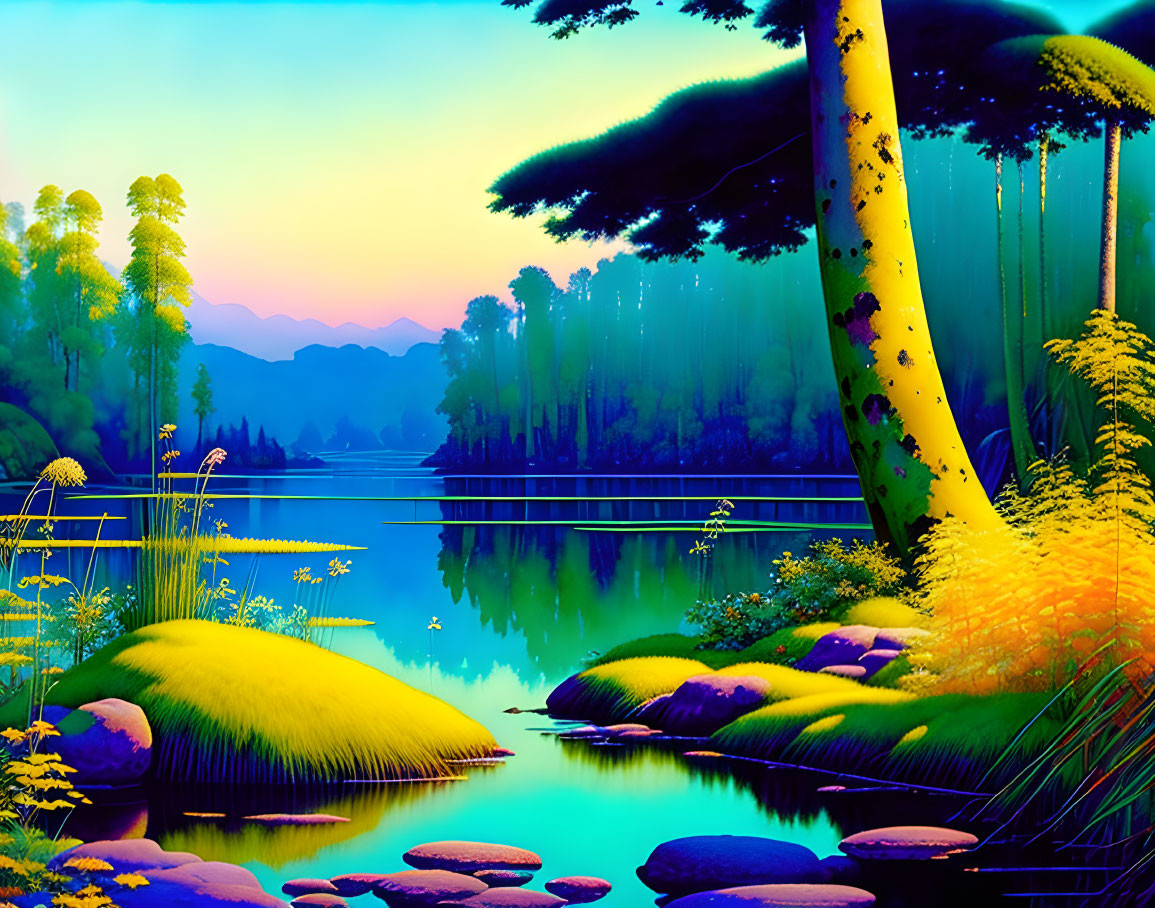 Serene lake landscape with lush greenery and colorful sky