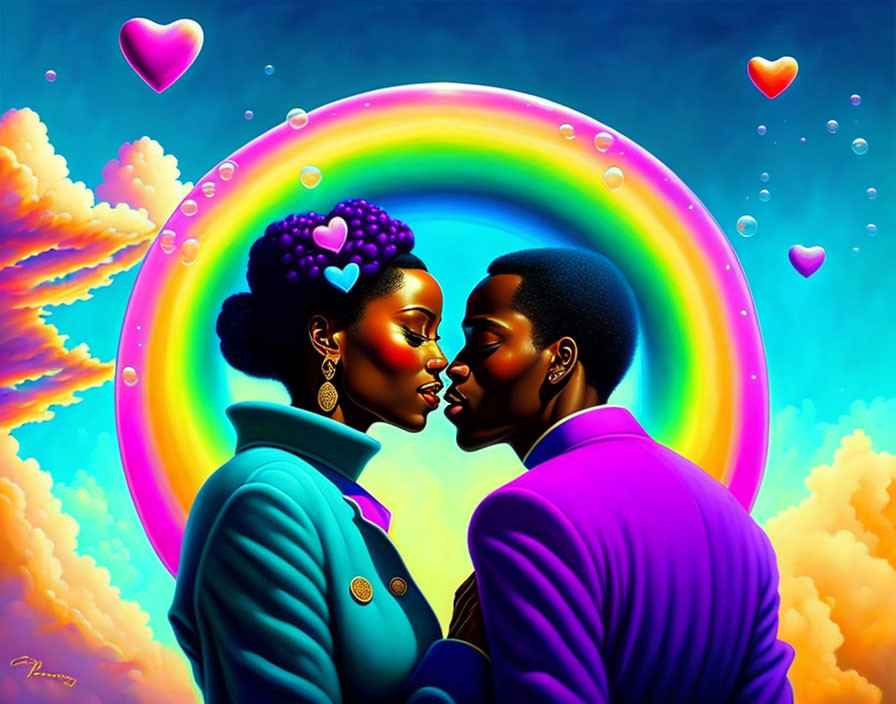 Colorful couple illustration with heart-shaped rainbow and fluffy clouds