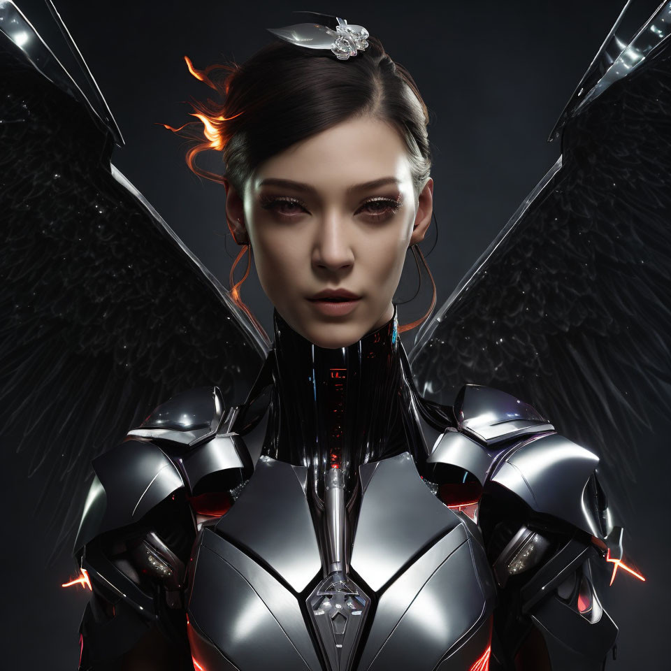 Futuristic dark angel armor with metallic wings and glowing elements