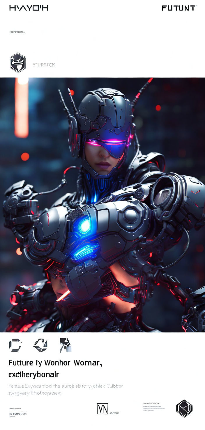 Female Cyborg with Neon Blue Lights and Black Armor