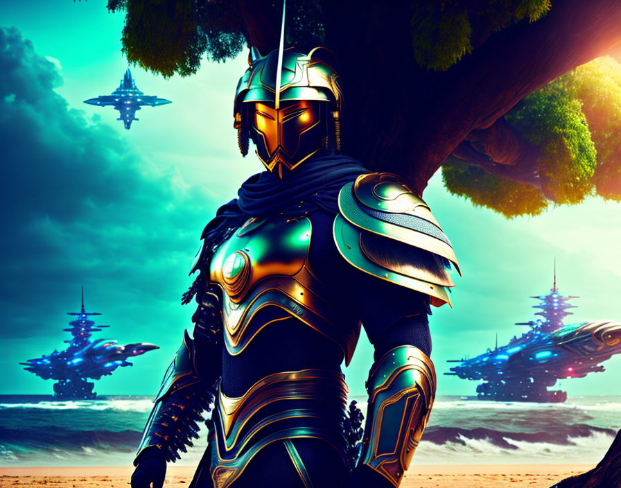 Futuristic warrior in golden armor on beach with alien spacecraft.