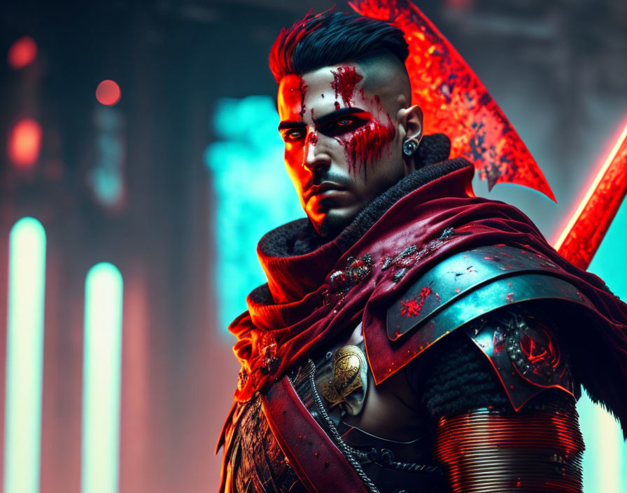 Futuristic warrior in crimson cloak with glowing sword on neon-lit backdrop