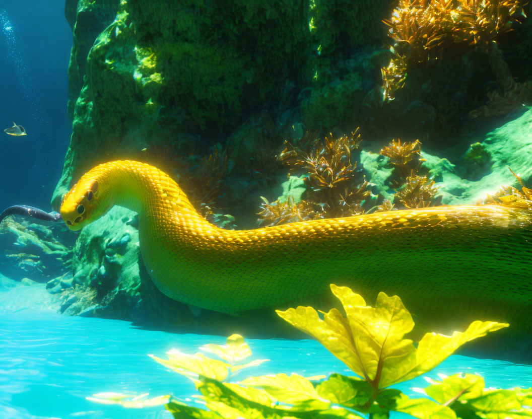 Colorful Underwater Scene with Golden-Yellow Sea Snake and Marine Plants