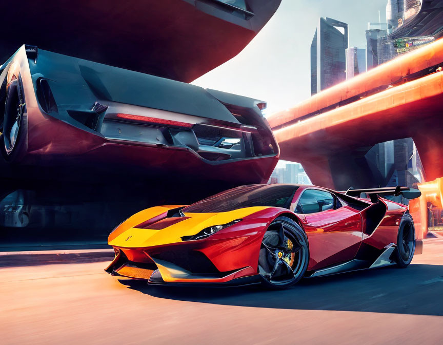 Sleek red and yellow sports car in futuristic city scene