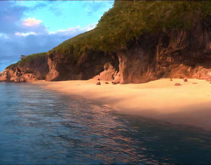 Tranquil Beach Scene with Soft Sand, Calm Blue Water, and Lush Green Cliff