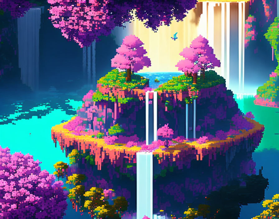 Floating Island Pixel Art with Purple Trees, Waterfall, Pond, Teal Sky