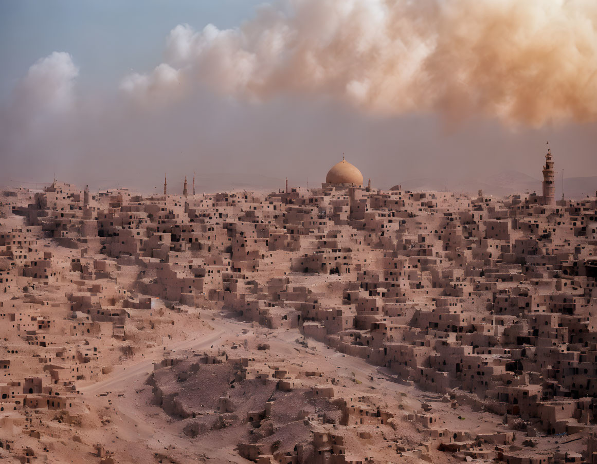 Middle Eastern cityscape with golden dome and minaret under hazy sky